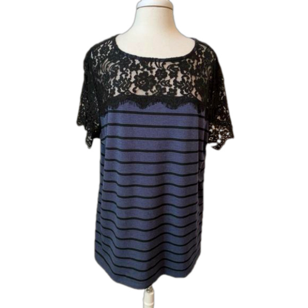 Roz & Ali NWOT Sheer Lace Stripe Short Sleeve Top‎ Women's 2X Whimsigoth Boho